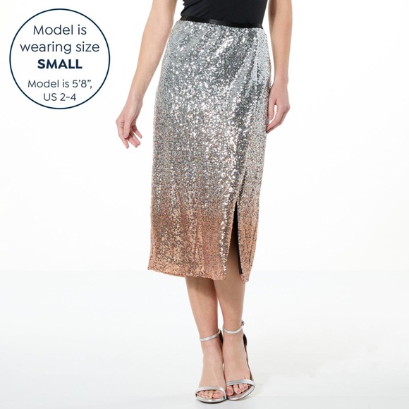 Jaclyn Smith Ombré Silver and Rose Gold Sequin Midi Skirt SMALL - Picture 1 of 9